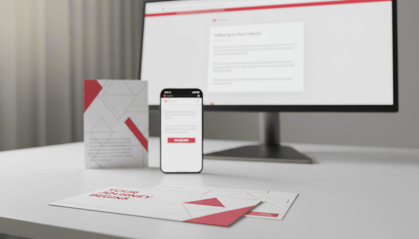 Omni-channel integration - direct mail, smartphone, and desktop showing connected campaign touchpoints