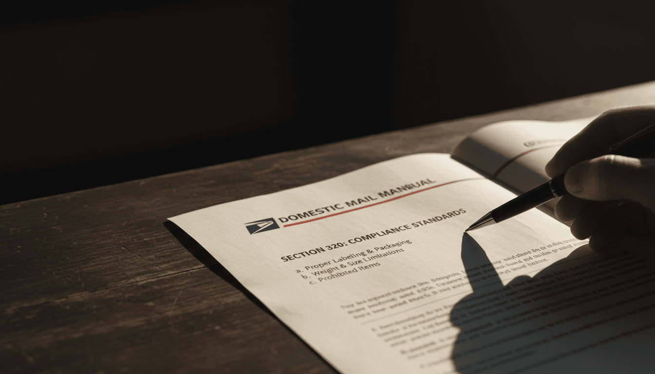 USPS compliance advising - postal regulations document with compliance details highlighted