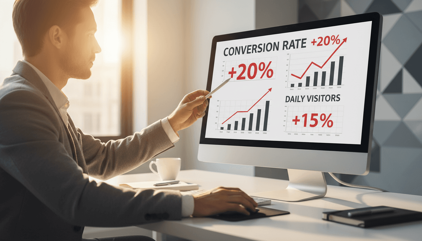 Lead generation from website traffic - professional reviewing conversion analytics on desktop monitor