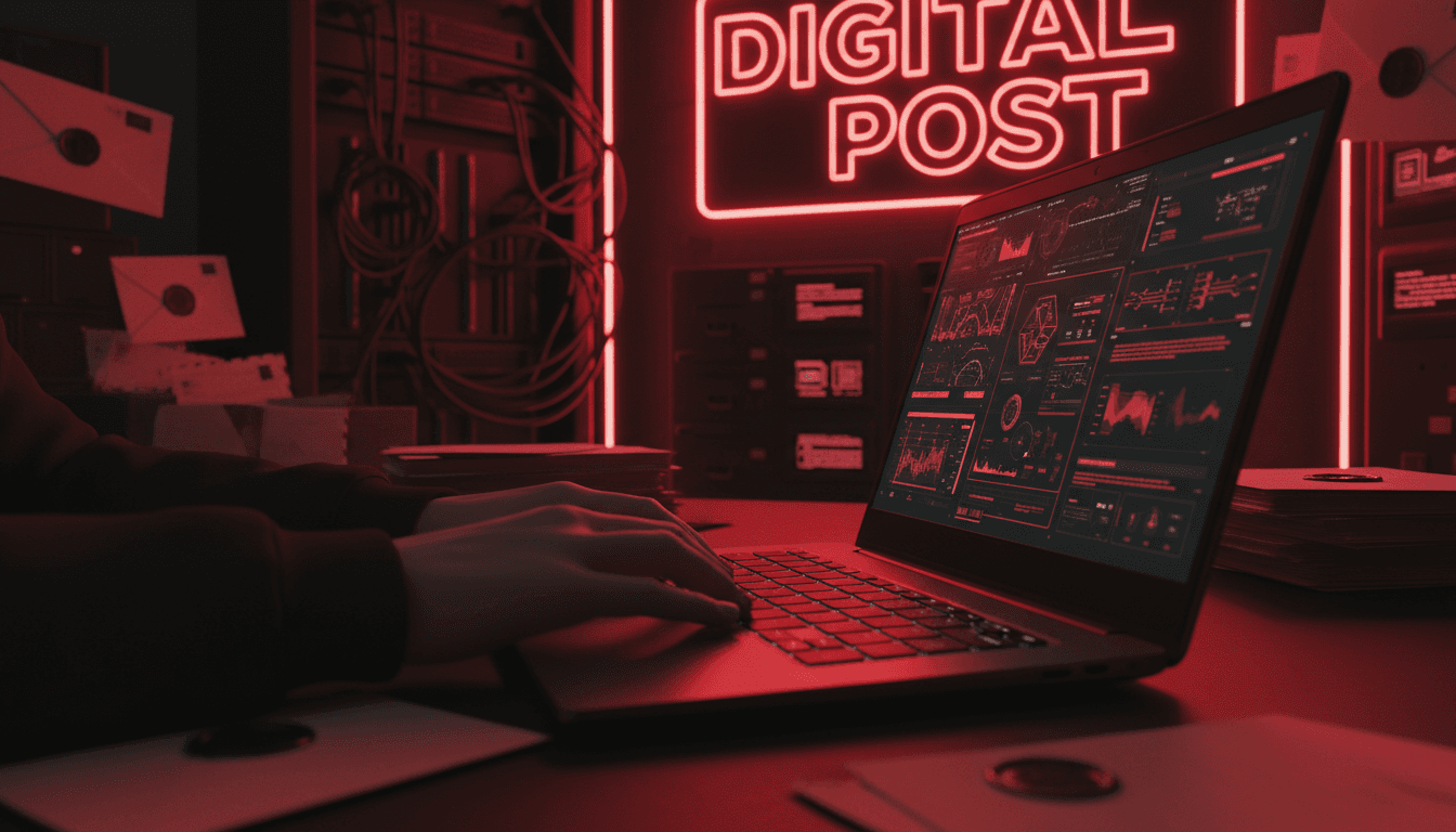 Person typing on laptop with mail and tech elements nearby.