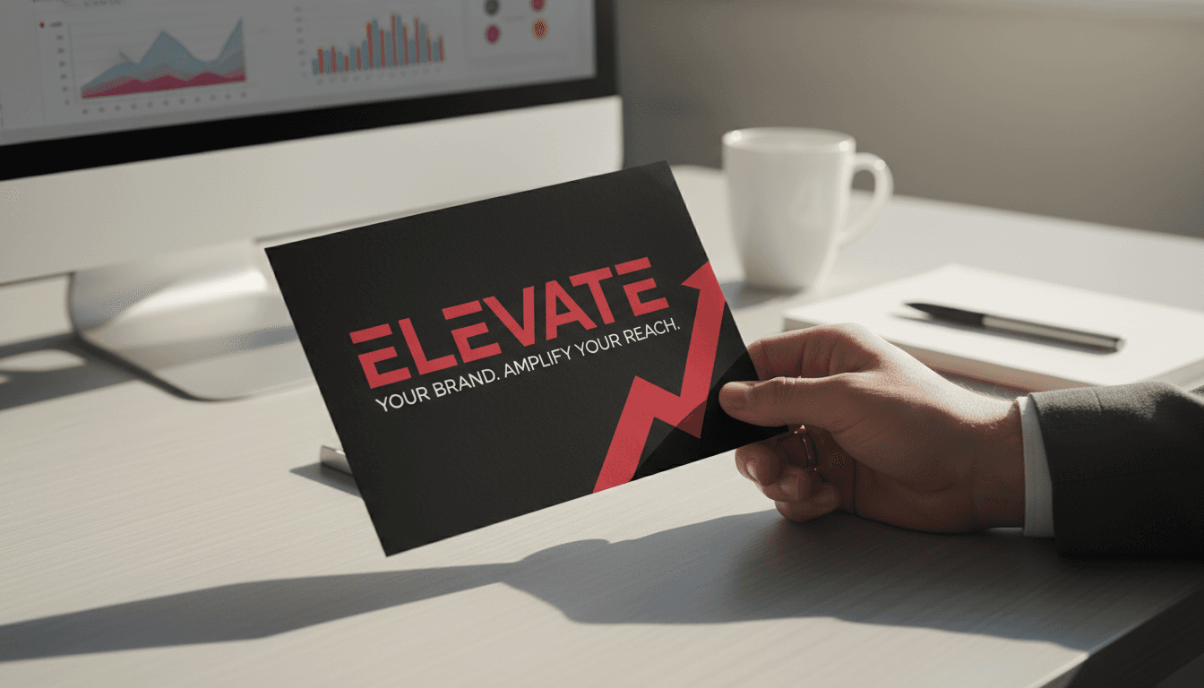 Professional reviewing a printed direct mail piece at a workspace with computer monitor visible