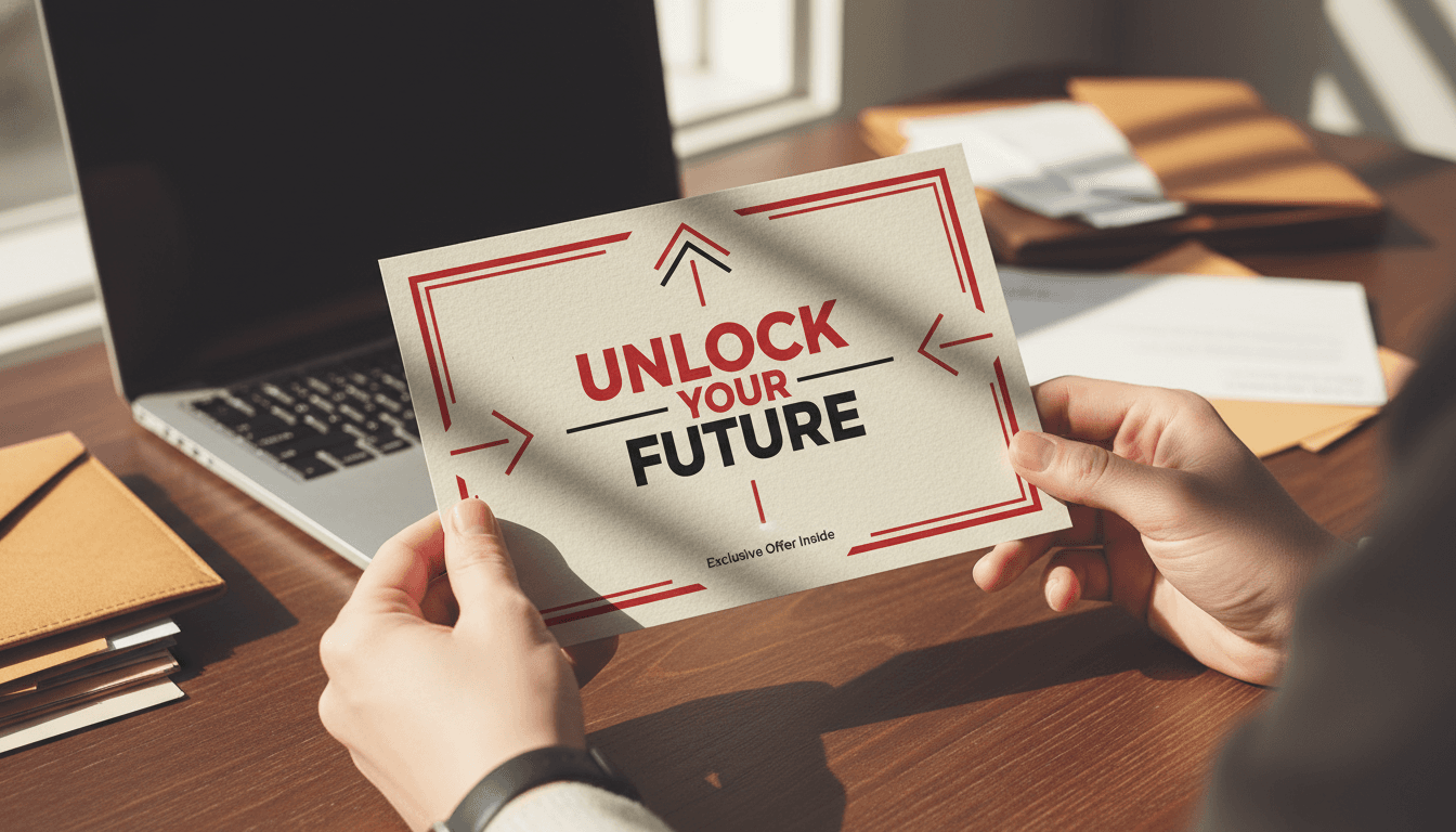 Designer holding crimson and black direct mail postcard with laptop visible in background