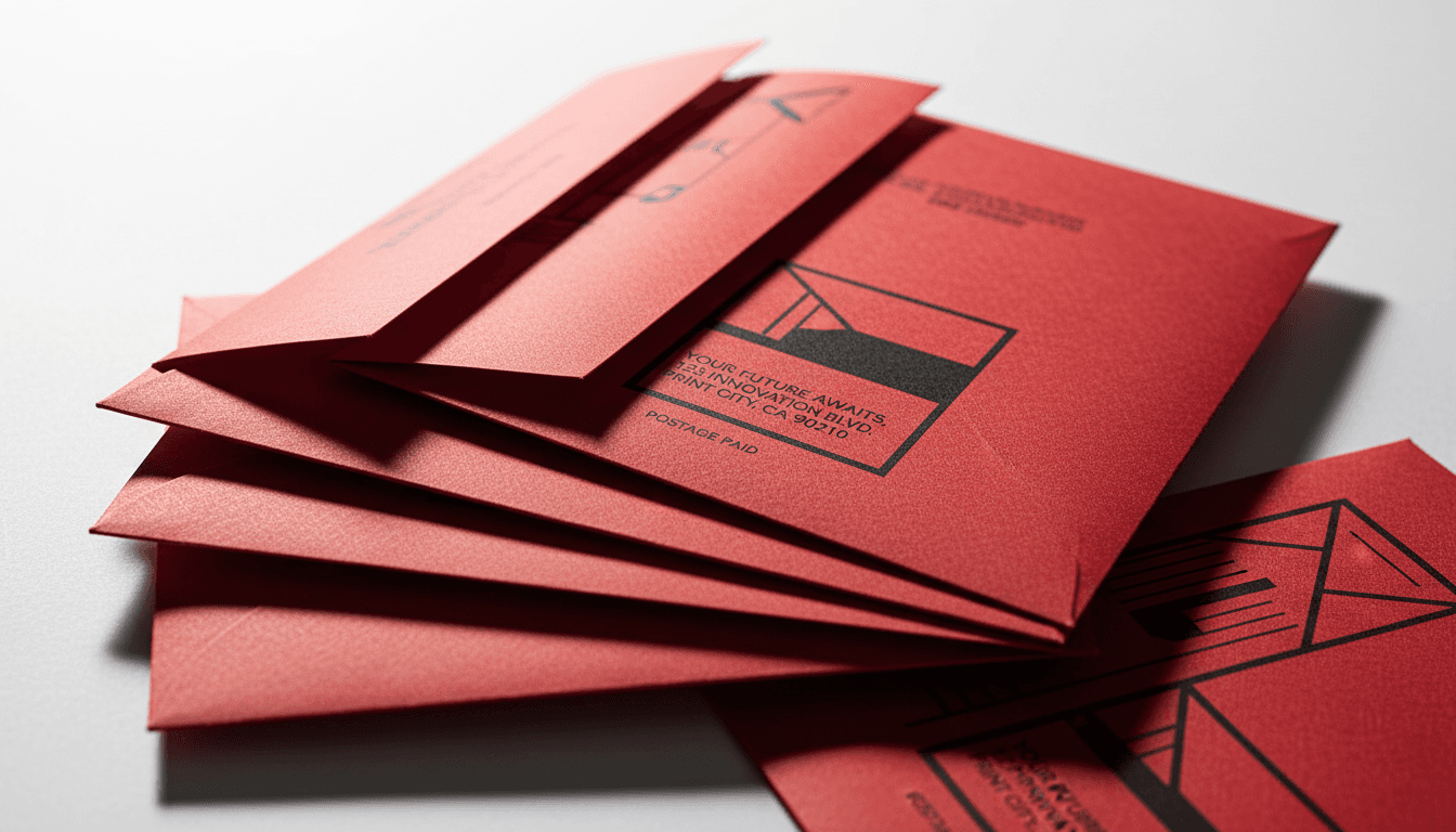 Direct mail strategy - crimson and black direct mail pieces with professional typography
